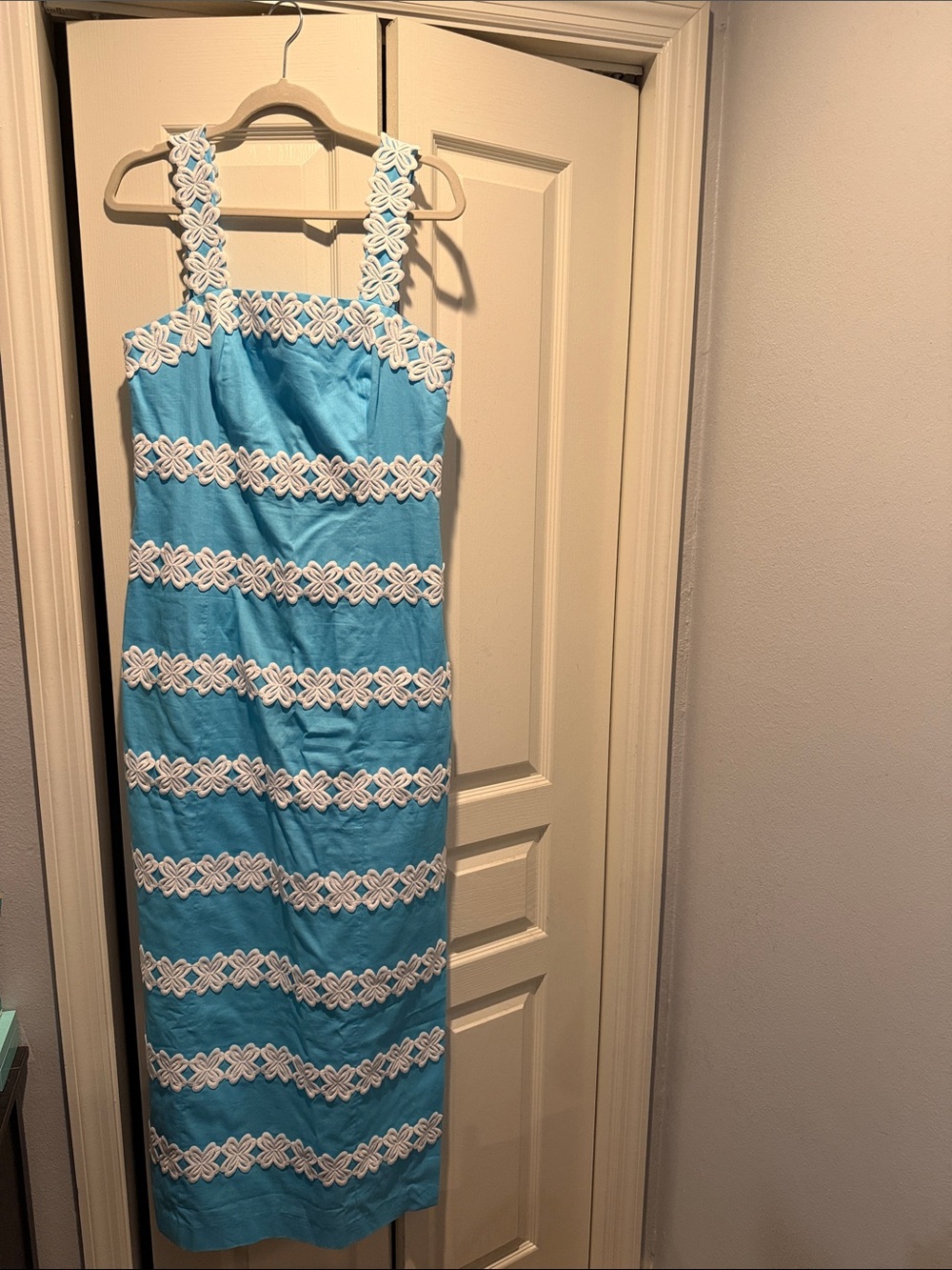Lilly Pulitzer Aqua Blue Midi Dress with White Crochet Trim